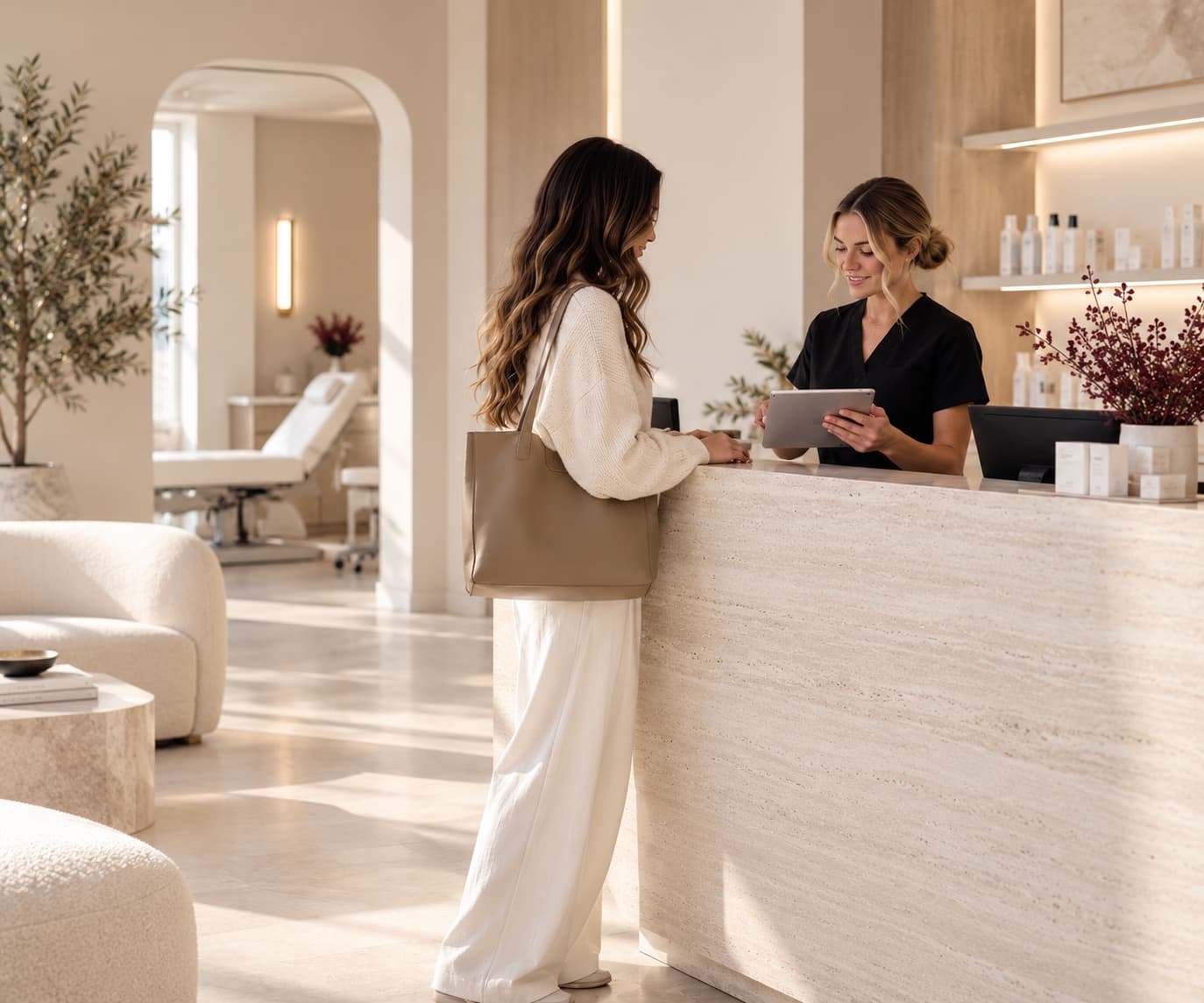 A client checking in at a med spa front desk